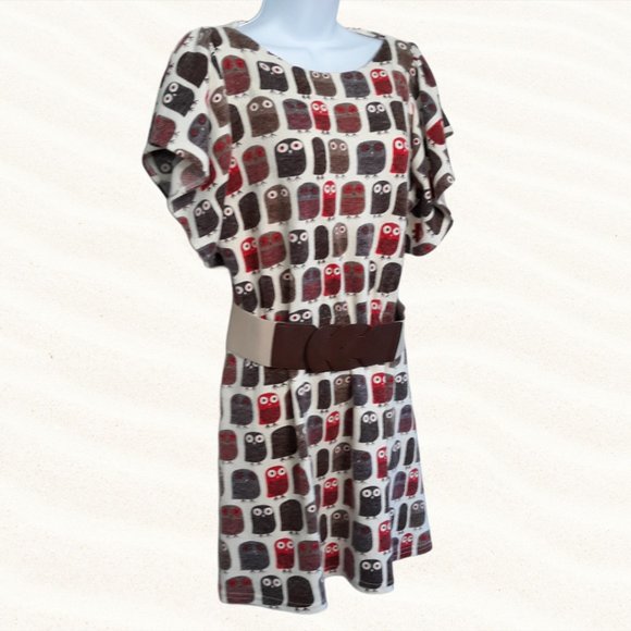 OWL boho dress or top • Large Jrs cream & brown bird OB2-12 - Picture 3 of 5